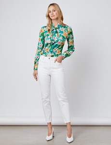 Women's Emerald Green Tropical Floral Fitted Satin Blouse - Single Cuff ...