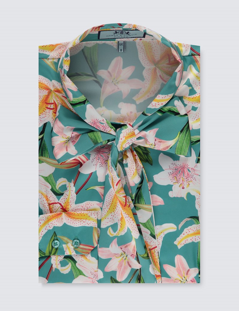 Women S Emerald Green Tropical Floral Fitted Satin Blouse Single Cuff Pussy Bow Hawes And Curtis