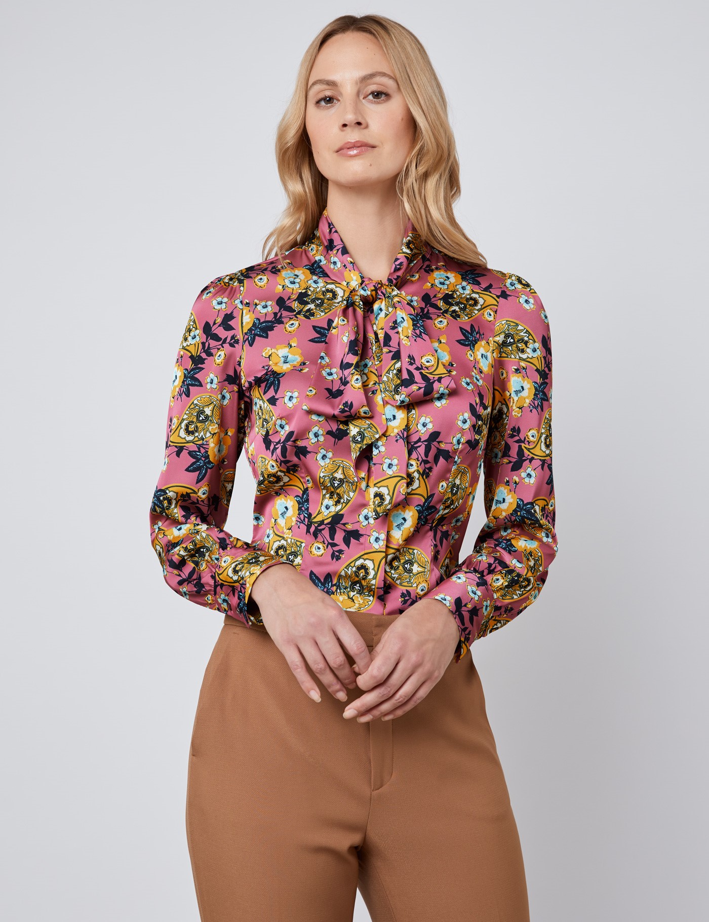 Women's Pink & Yellow Floral Fitted Satin Blouse - Single Cuff - Pussy ...