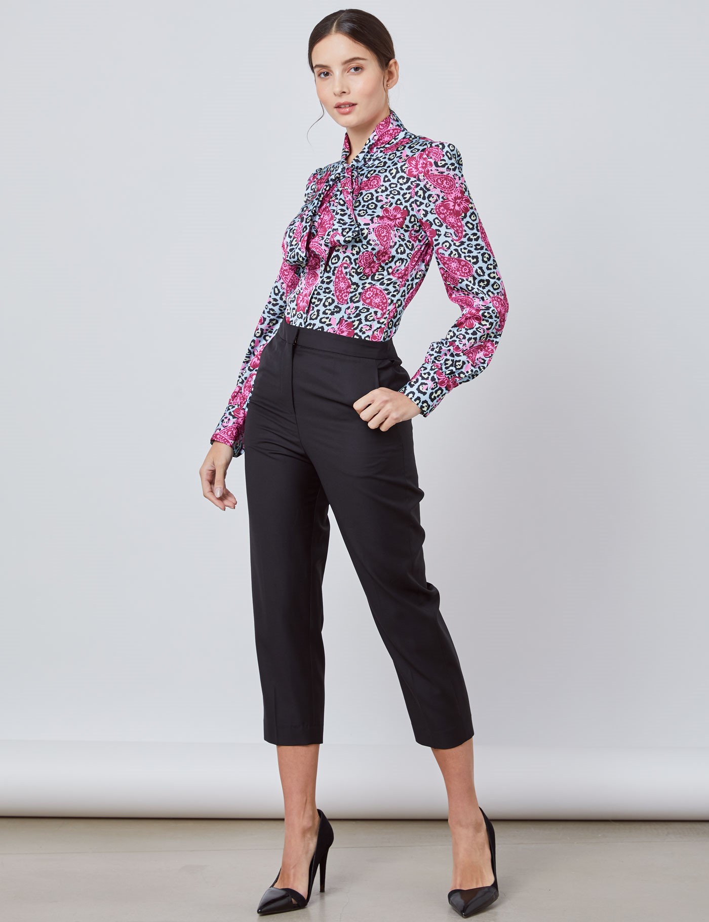 Image of Women's Animal Paisley Print Fitted Satin Blouse in Blue/Pink Size  Single Cuff Pussy Bow Hawes & Curtis