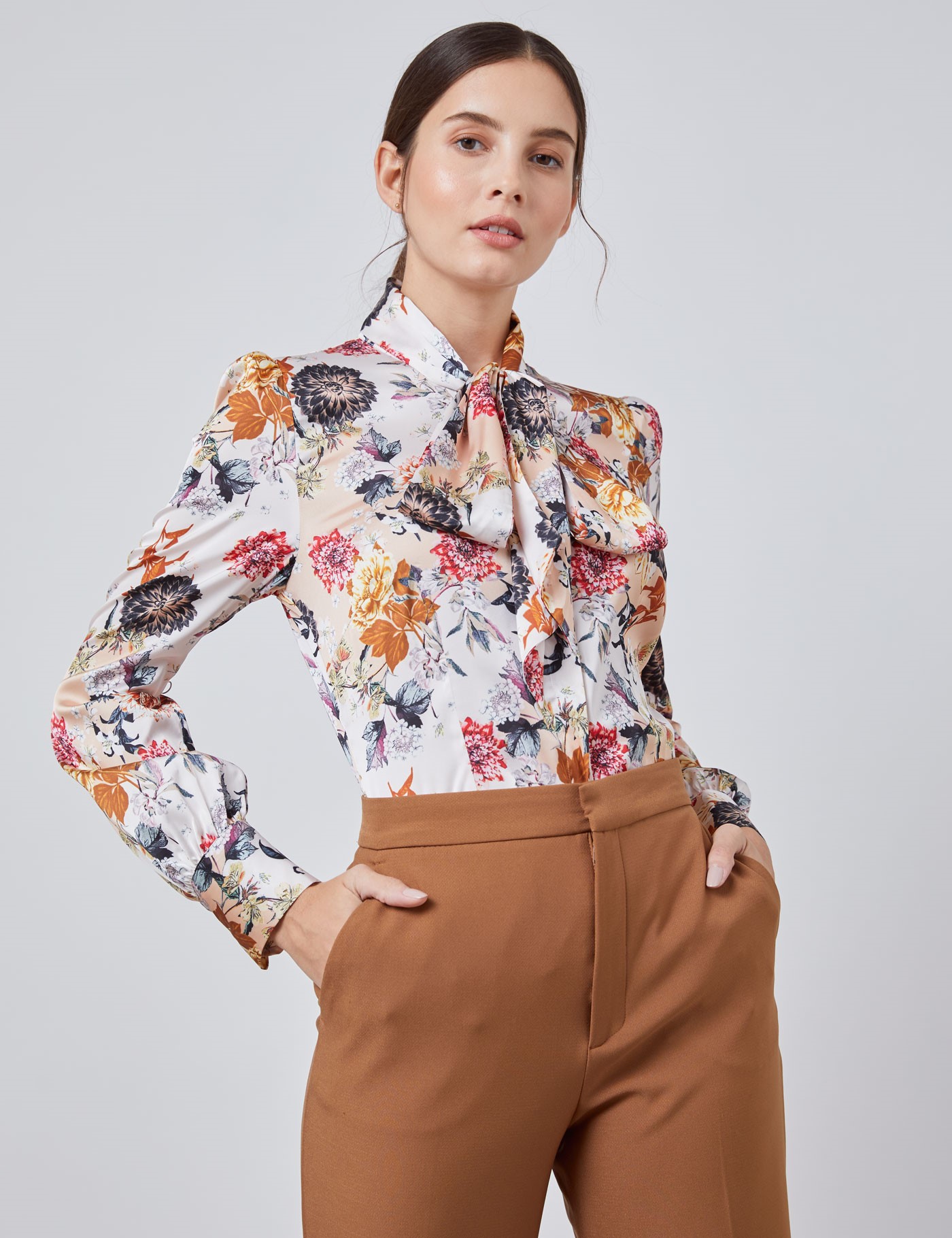 Women's Brown & Cream Floral Fitted Satin Blouse - Single Cuff - Pussy ...