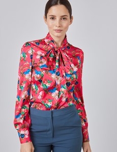 Women's Pink & Blue Floral Fitted Satin Blouse - Single Cuff - Pussy Bow