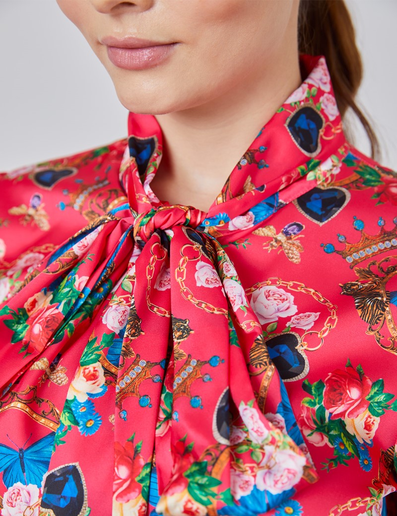 Women's Pink & Blue Floral Fitted Satin Blouse - Single Cuff - Pussy Bow
