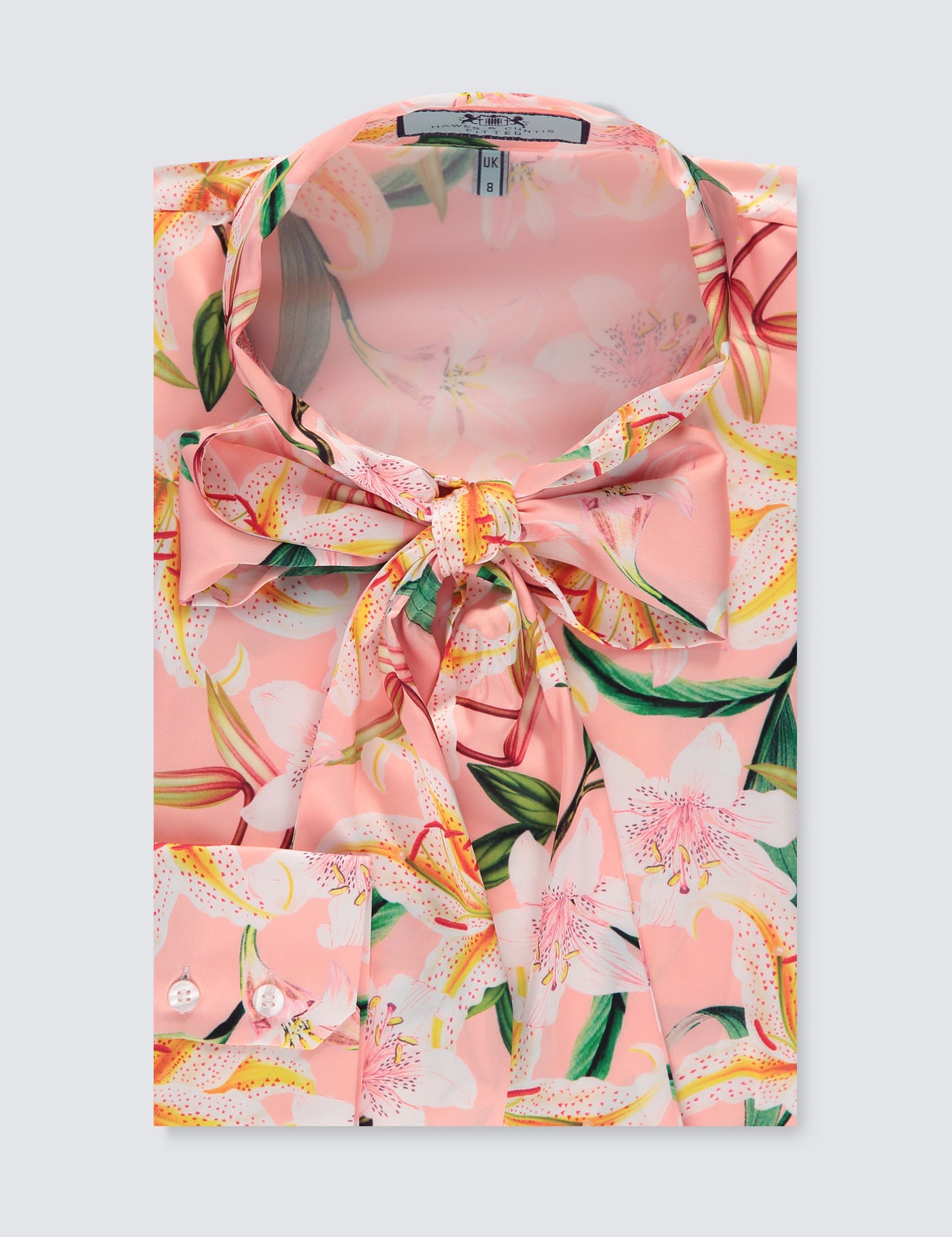 Womens Pink And Green Floral Fitted Satin Blouse Single Cuff Pussy Bow Hawes And Curtis 4361