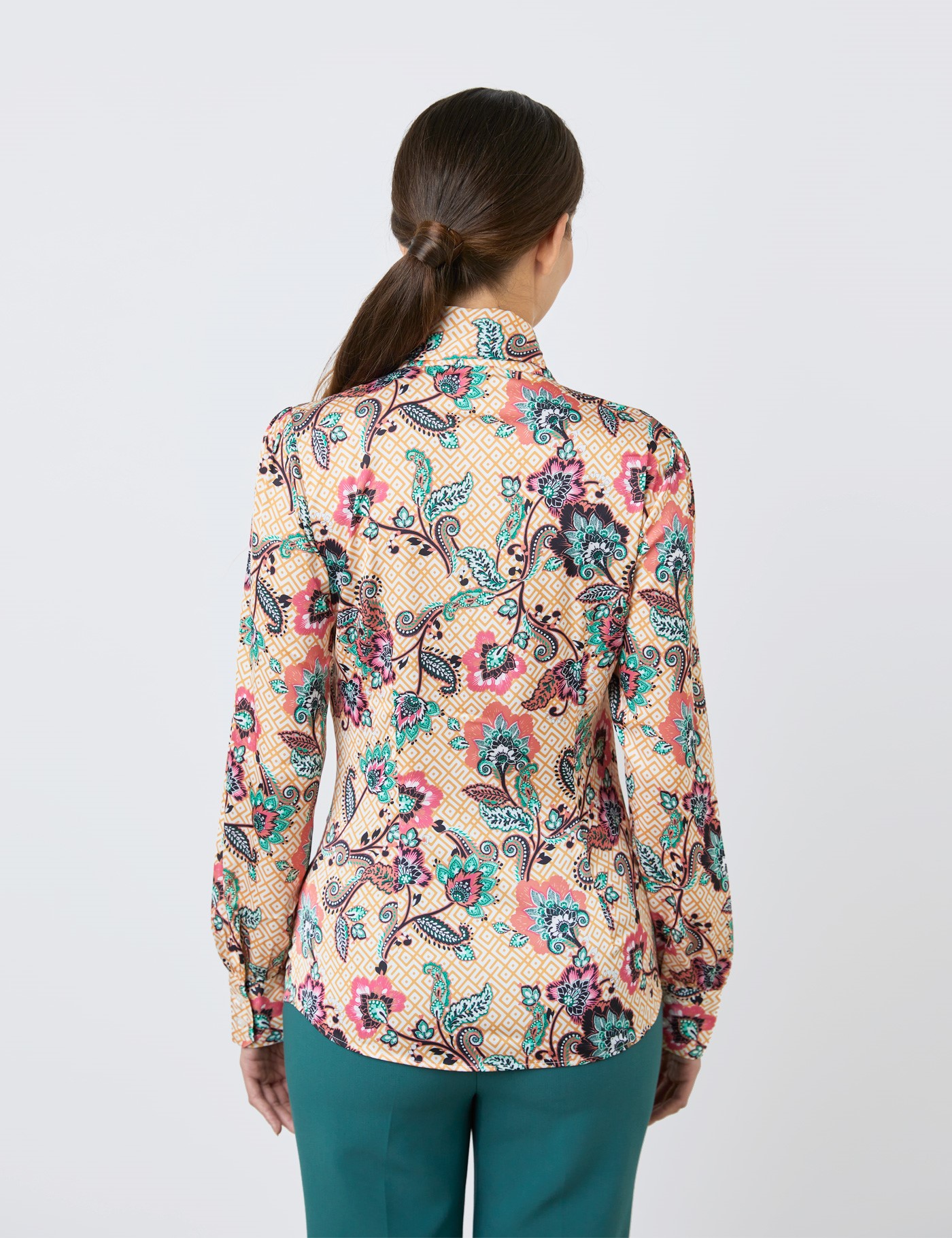Hawes & Curtis White & Orange Floral Pussybow Blouse Size: 6 image 4