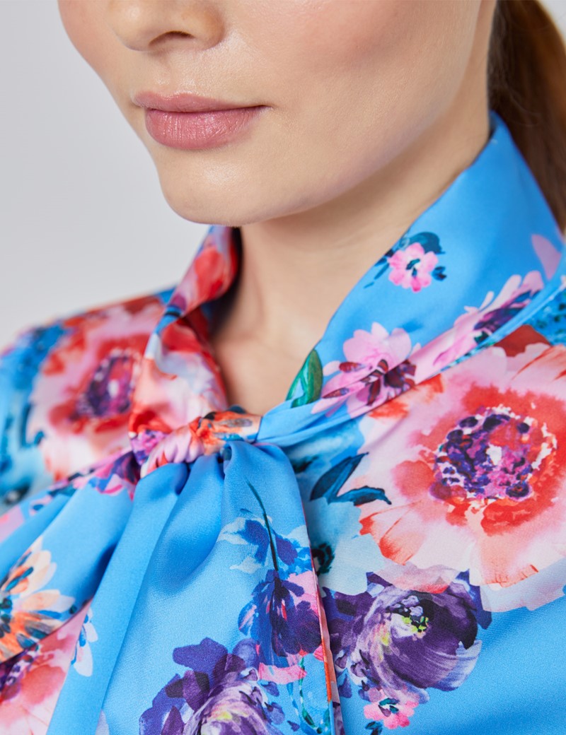 Women S Blue And Red Floral Fitted Satin Blouse Single Cuff Pussy Bow