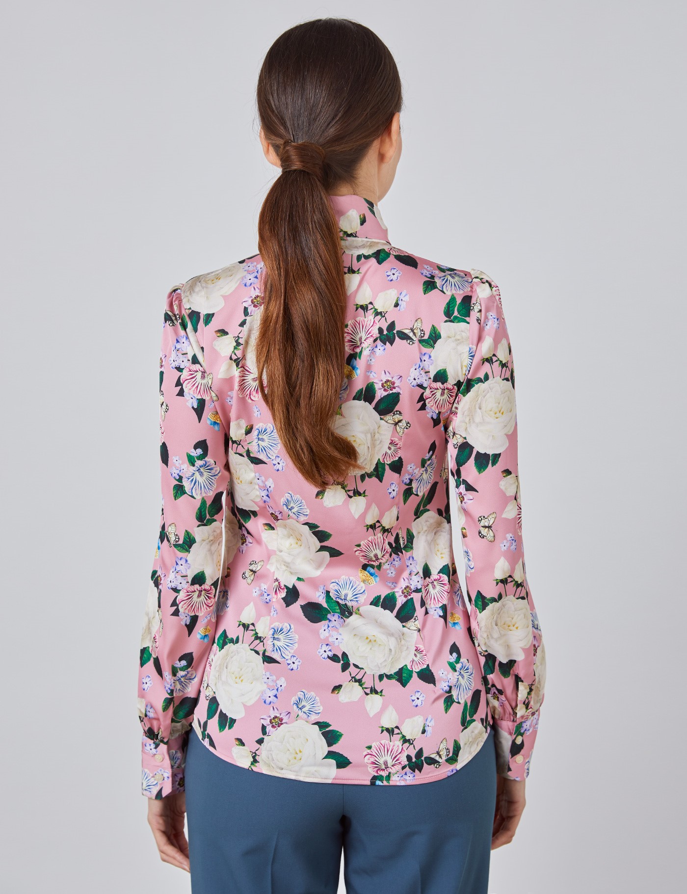 Womens Pink And Cream Floral Fitted Satin Blouse Single Cuff Pussy 