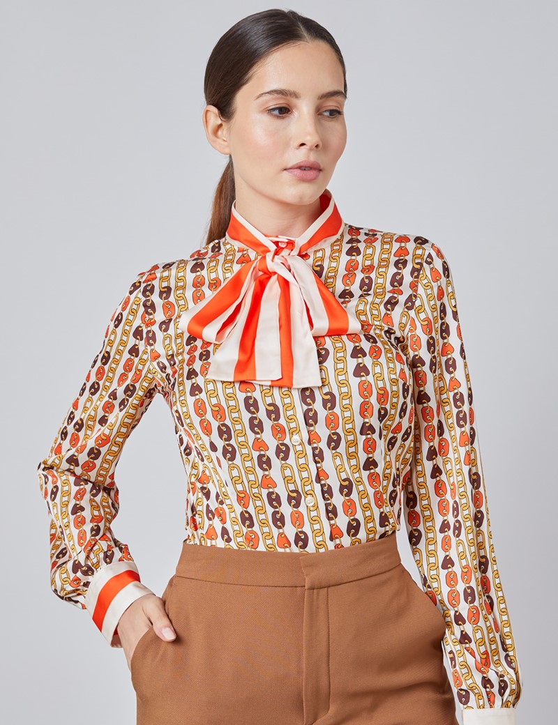 Women S Cream And Gold Chains Print Fitted Satin Blouse Single Cuff Pussy Bow Hawes And Curtis