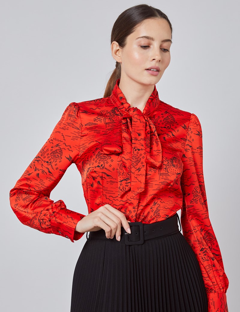 Satin Women's Fitted Shirt with Mountain Scene Print and Pussy Bow in ...