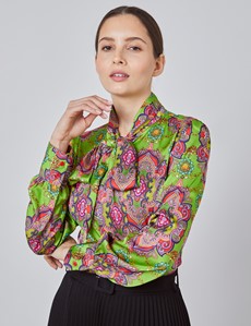 Women's Green & Red Paisley Floral Fitted Satin Blouse - Single Cuff - Pussy Bow