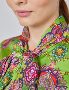Women's Green & Red Paisley Floral Fitted Satin Blouse - Single Cuff - Pussy Bow