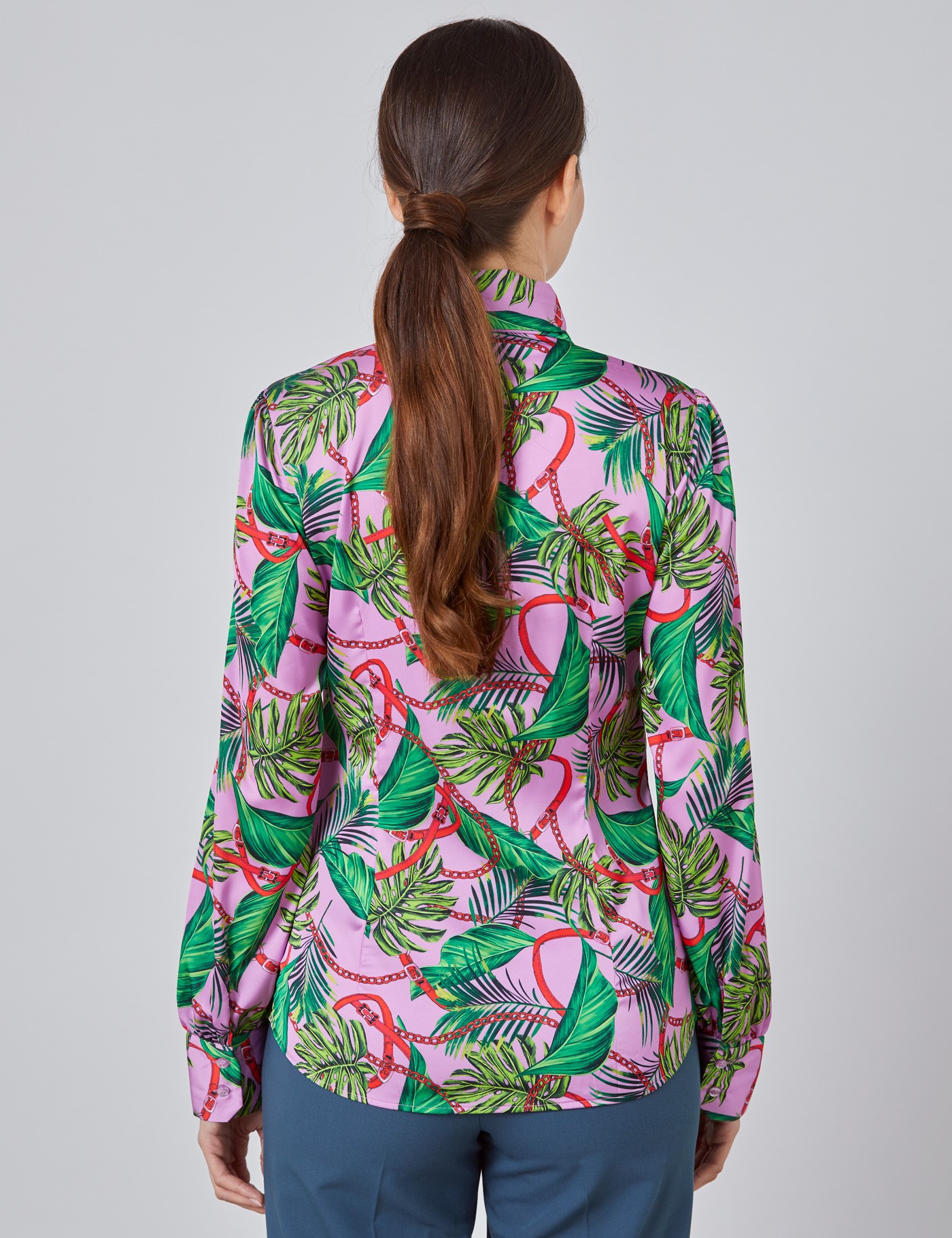 Womens Pink And Green Tropical Floral Fitted Satin Blouse Single Cuff Pussy Bow Hawes And Curtis 5819