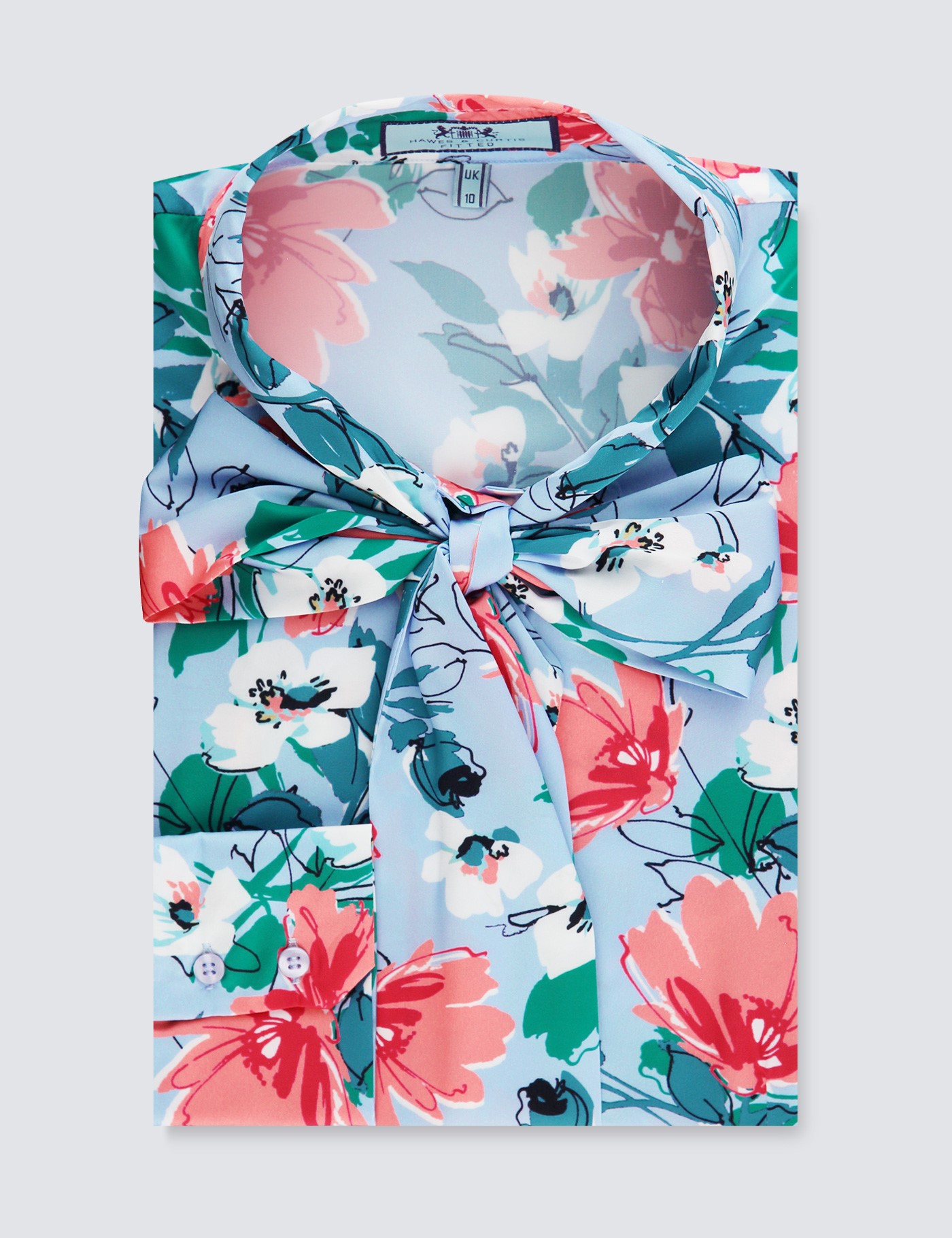 Satin Womens Fitted Shirt With Floral Print And Pussy Bow In Blue And Pink Hawes And Curtis Uk 8940