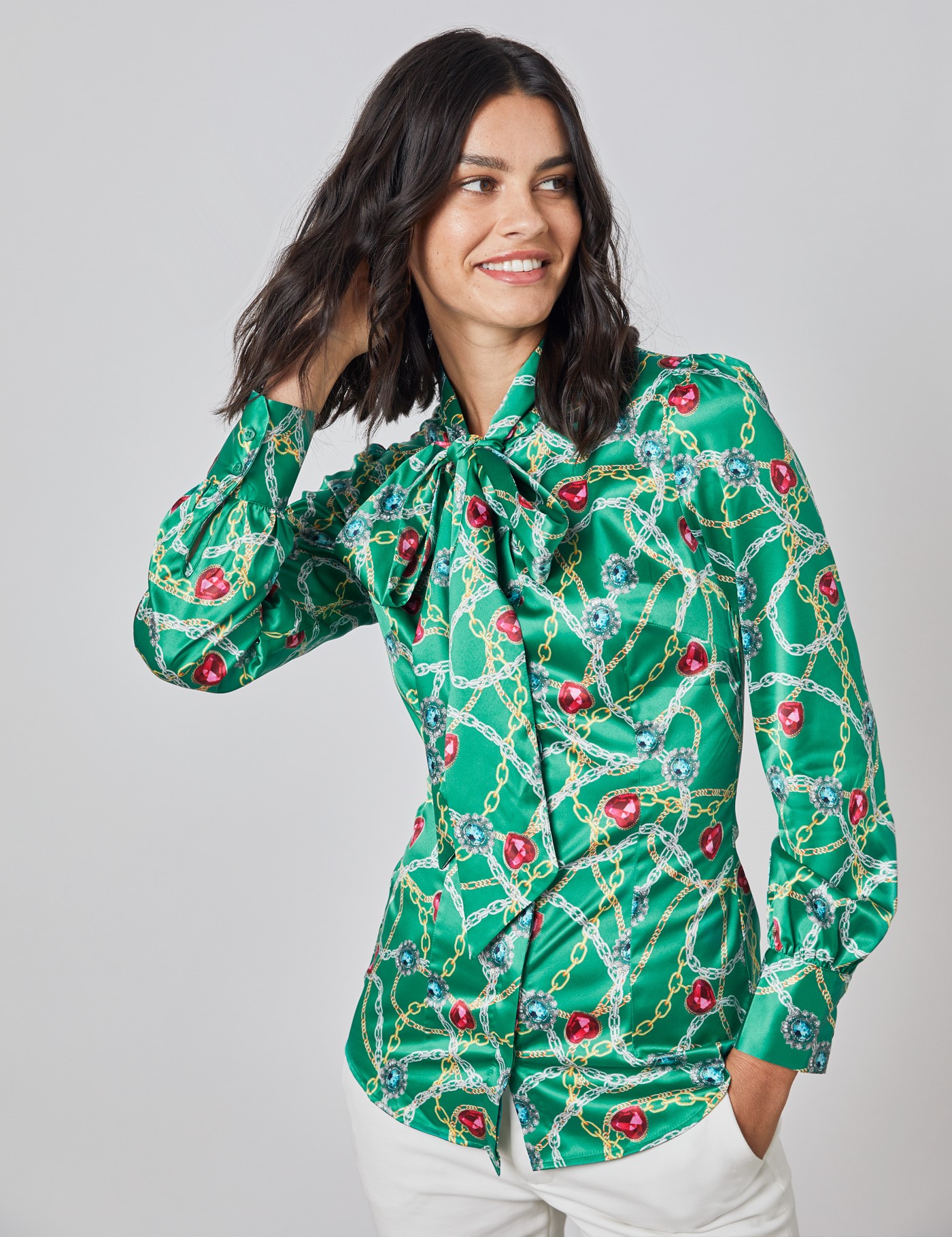Print Fitted Women's Satin Blouse with Single Cuff in Green & Gold ...