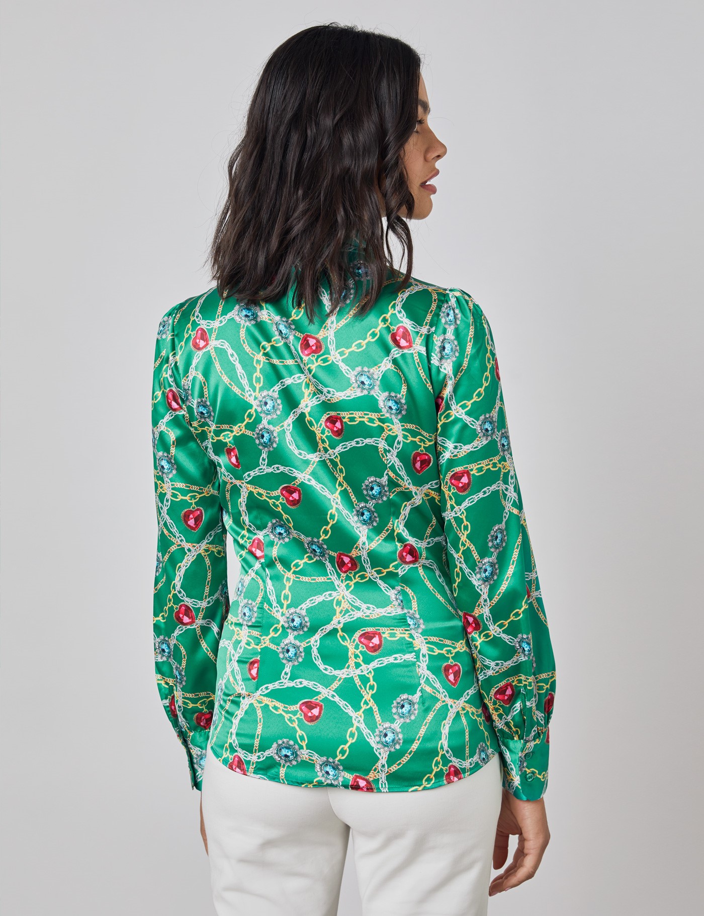 Print Fitted Women S Satin Blouse With Single Cuff In Green And Gold Pussy Hawes And Curtis Uk