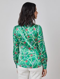 Women's Green & Gold Print Fitted Satin Blouse - Single Cuff - Pussy Bow