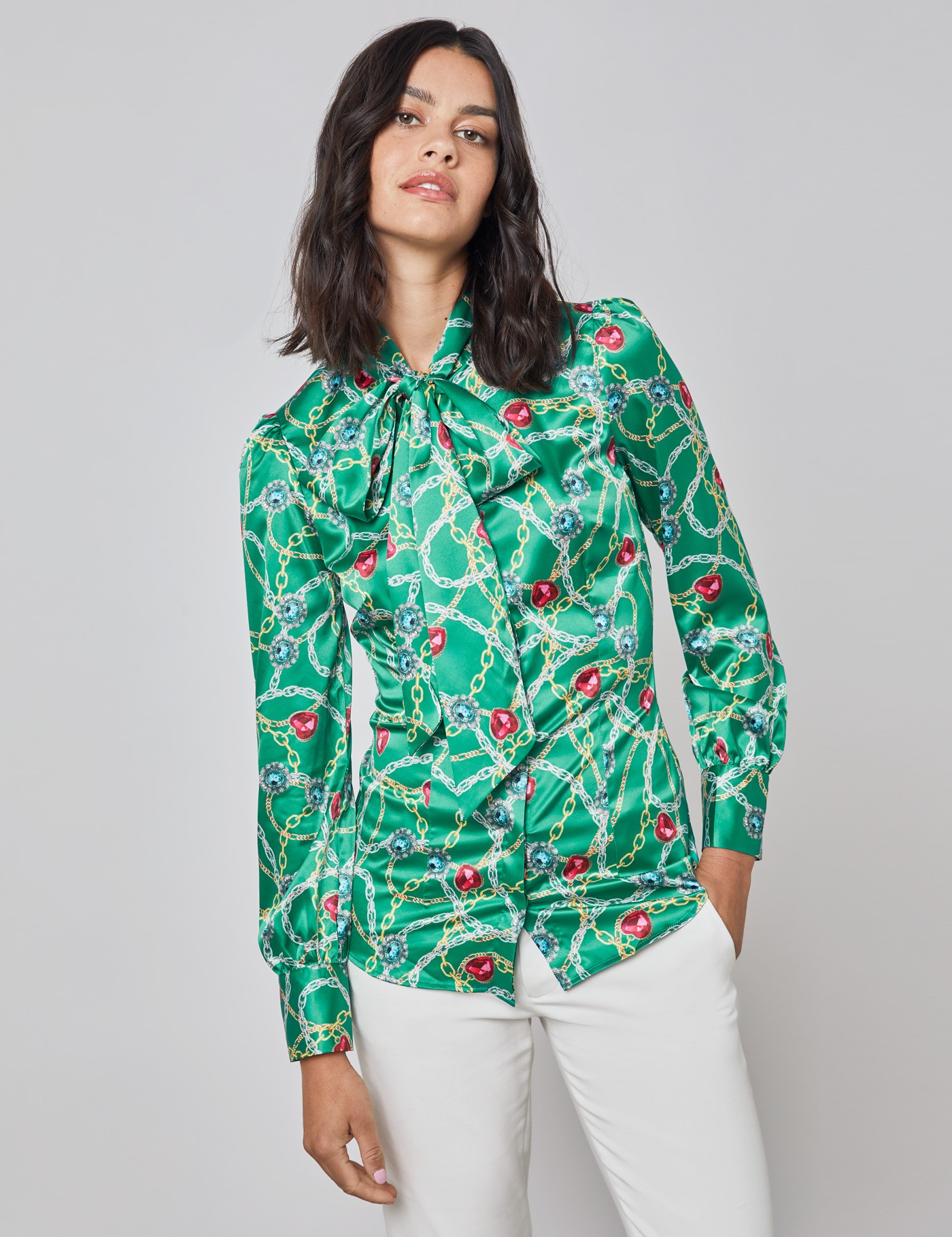 Print Fitted Women's Satin Blouse with Single Cuff in Green & Gold ...