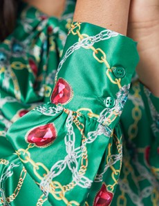 Women's Green & Gold Print Fitted Satin Blouse - Single Cuff - Pussy Bow