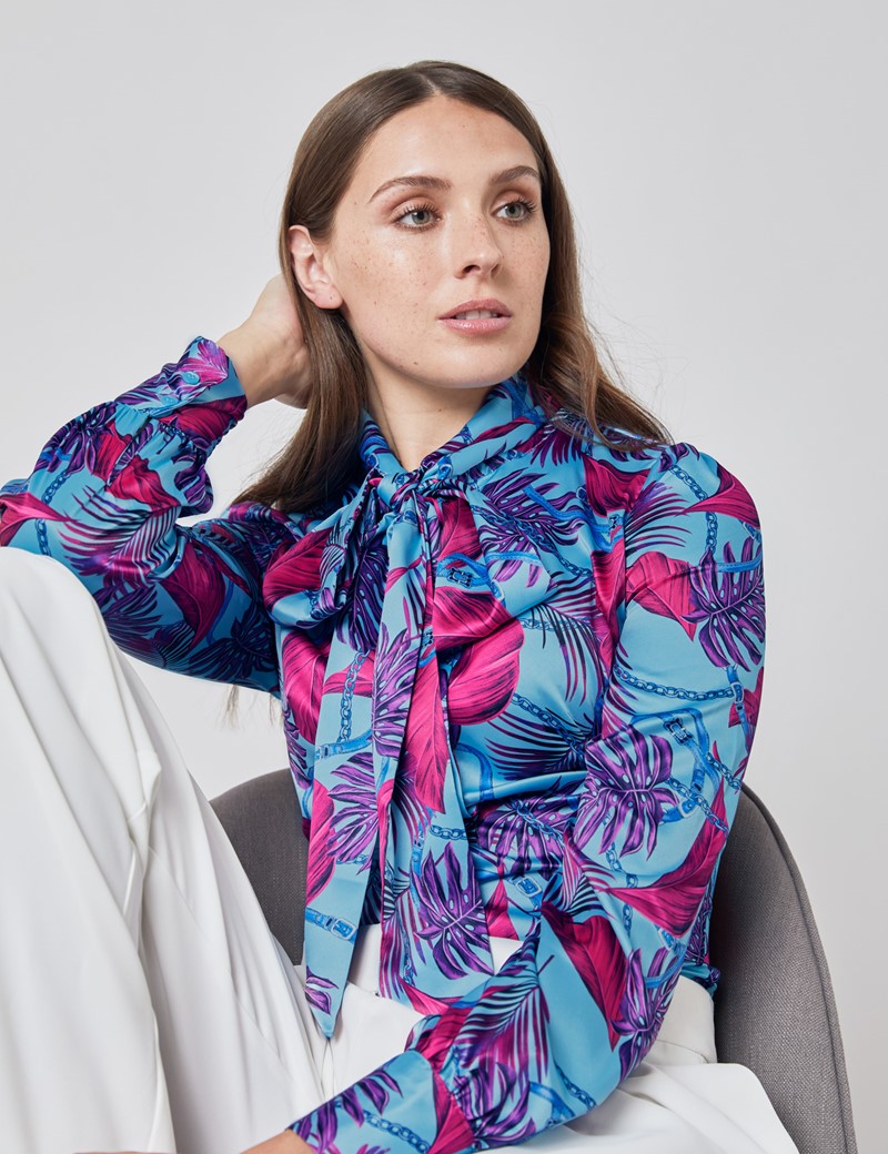 Floral Print Womens Satin Blouse With Single Cuff In Blue And Pink Hawes And Curtis Usa
