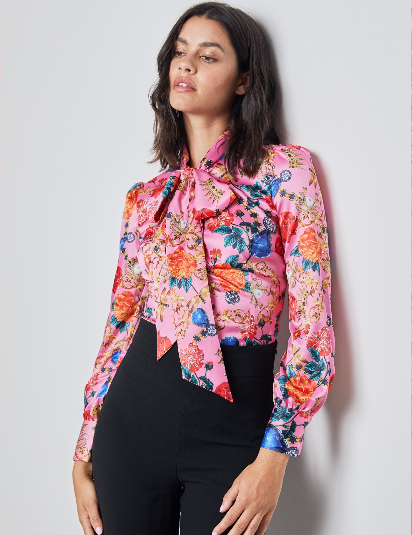 Floral Print Womens Satin Blouse With Single Cuff In Pink And Gold Hawes And Curtis Uk