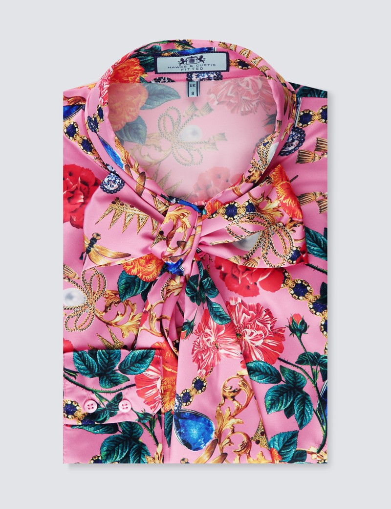 Floral Print Women S Satin Blouse With Single Cuff In Pink And Gold