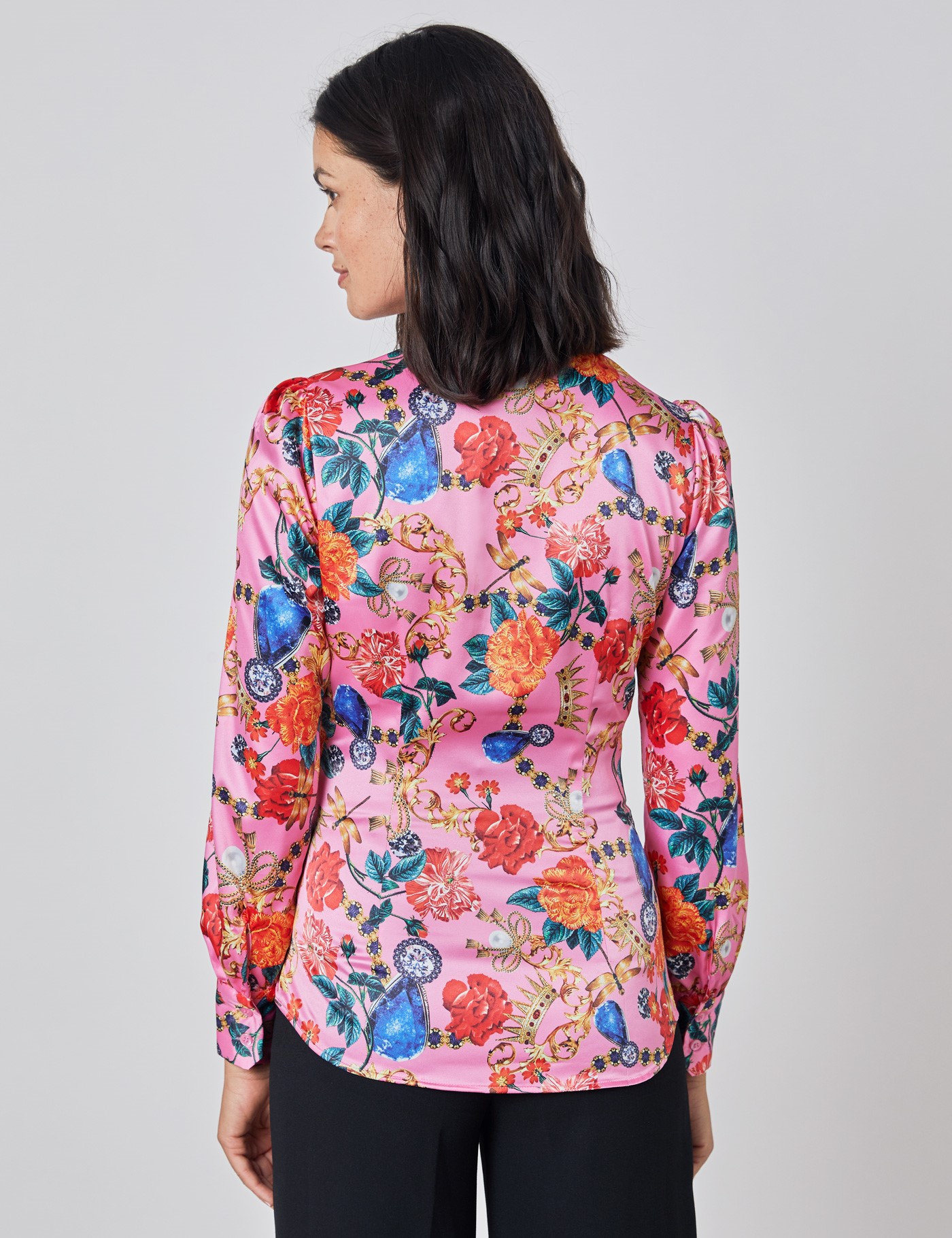 Floral Print Womens Satin Blouse With Single Cuff In Pink And Gold Hawes And Curtis Usa