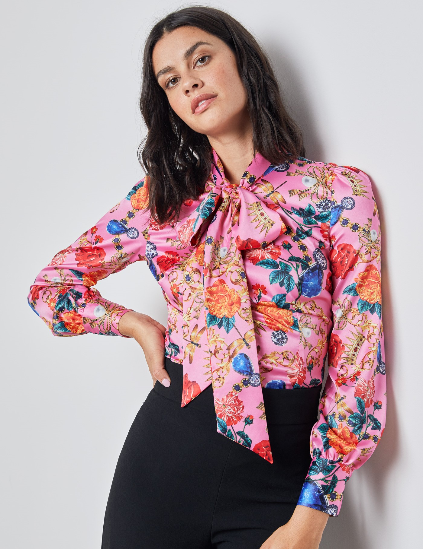Floral Print Women's Satin Blouse with Single Cuff in Pink & Gold