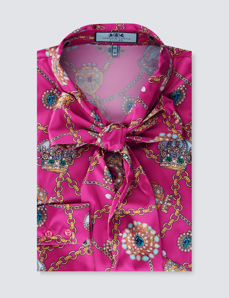 Satin Women S Fitted Shirt With Crown Jewels Print And Pussy Bow In Pink And Gold Hawes And Curtis