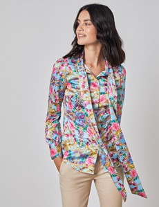 Floral Women's Satin Blouse with Single Cuff in Blue & Pink | Hawes ...