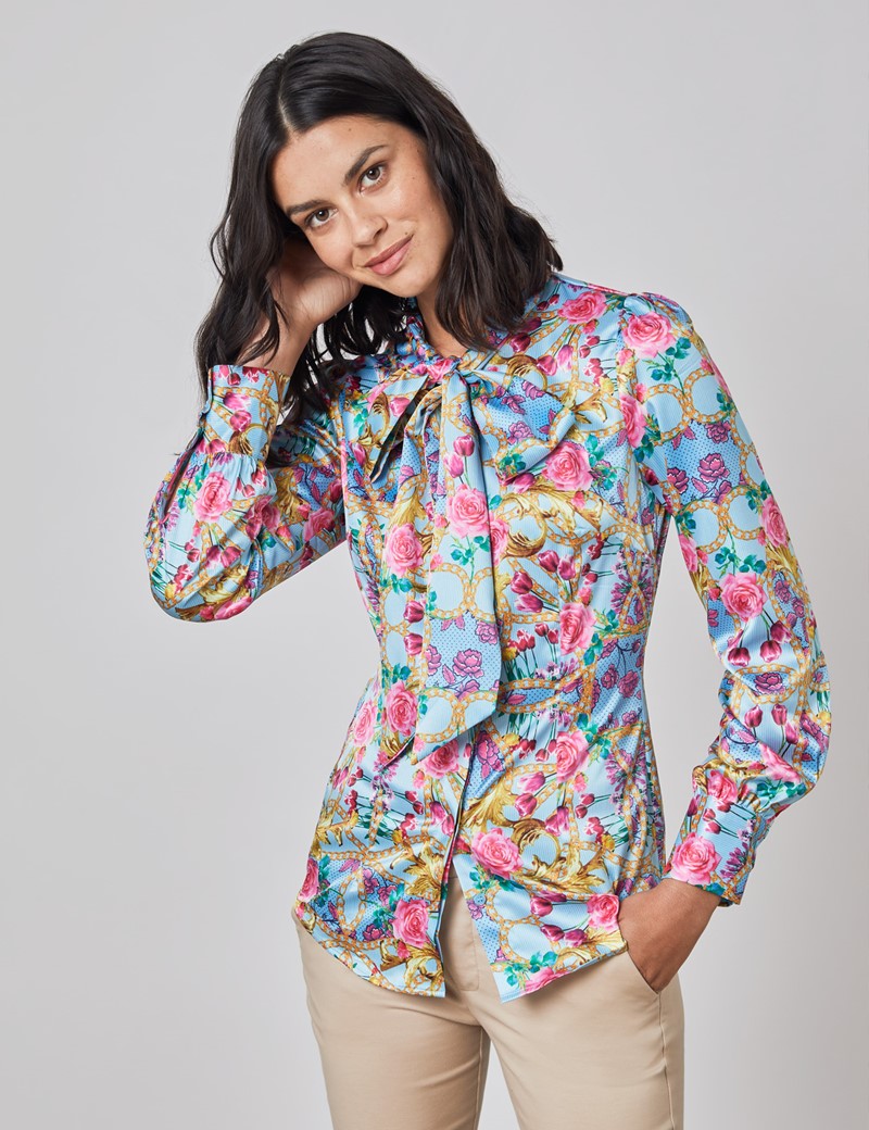 Floral Womens Satin Blouse With Single Cuff In Blue And Pink Hawes And Curtis Uk