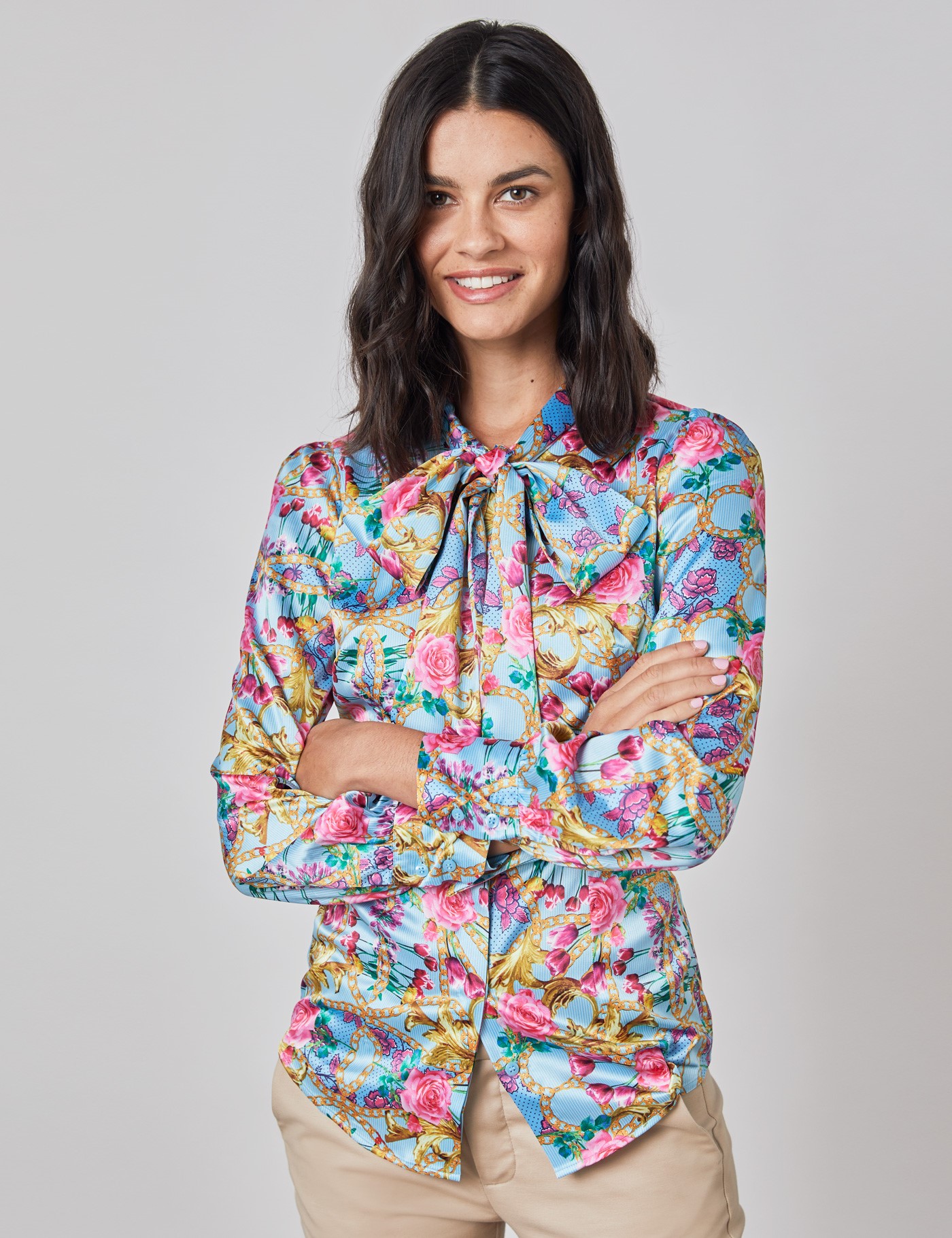 Floral Women S Satin Blouse With Single Cuff In Blue And Pink Hawes And Curtis Uk