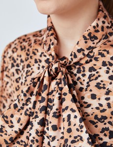 Women's Black & Brown Leopard Print Satin Blouse - Single Cuff - Pussy Bow