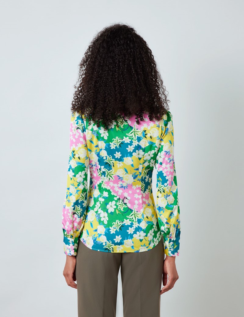 Satin Women S Fitted Blouse With Floral Print And Pussy Bow In Green Yellow Hawes Curtis Usa