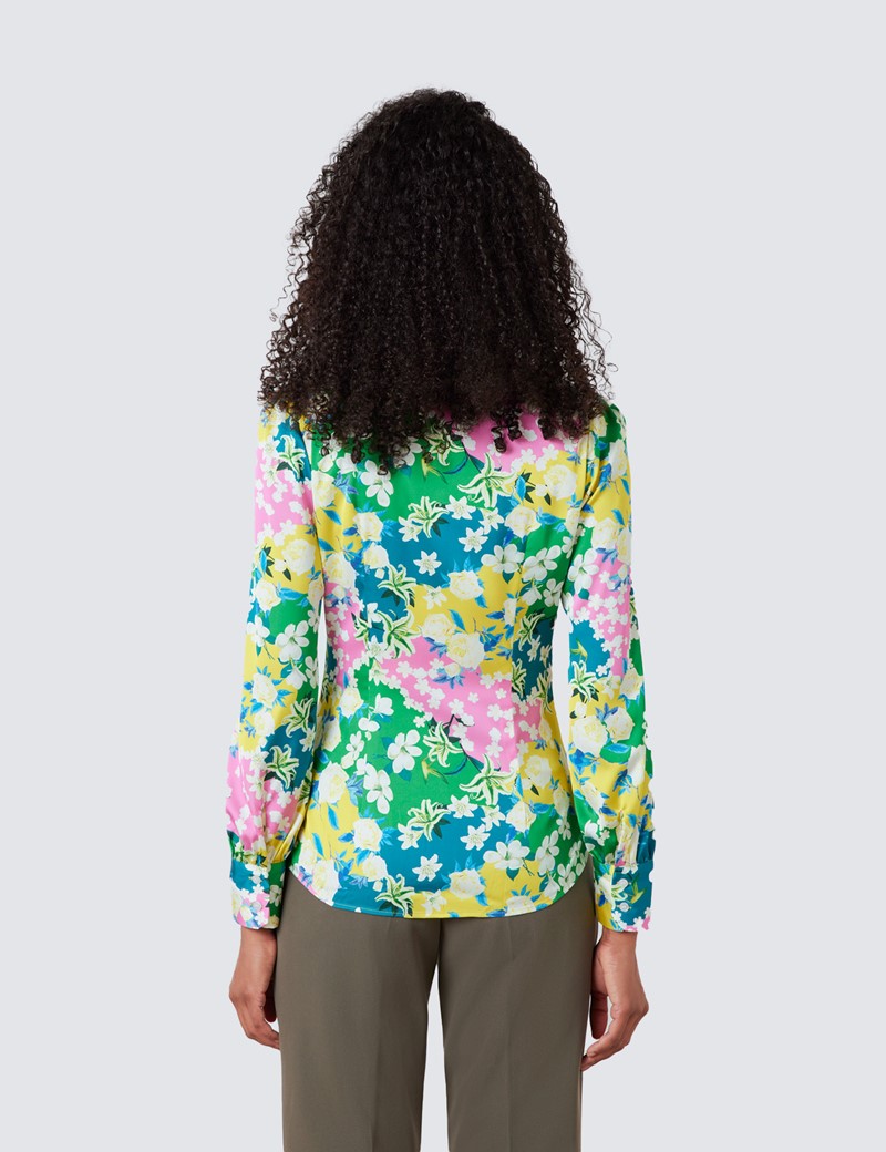 Women's Green & Yellow Floral Print Satin Blouse - Single Cuff - Pussy Bow