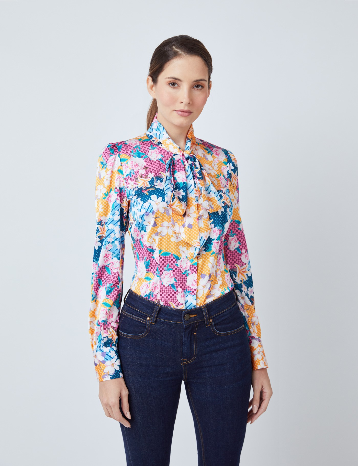 Hawes & Curtis Women's Orange & Pink Floral Print Satin Blouse - Single Cuff - Pussy Bow
