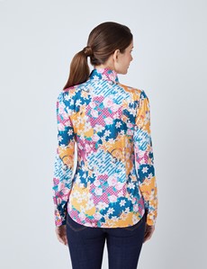 Women's Orange & Pink Floral Print Satin Blouse - Single Cuff - Pussy Bow