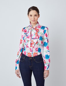 Women's Pink & Fuchsia Floral Print Satin Blouse - Single Cuff - Pussy Bow
