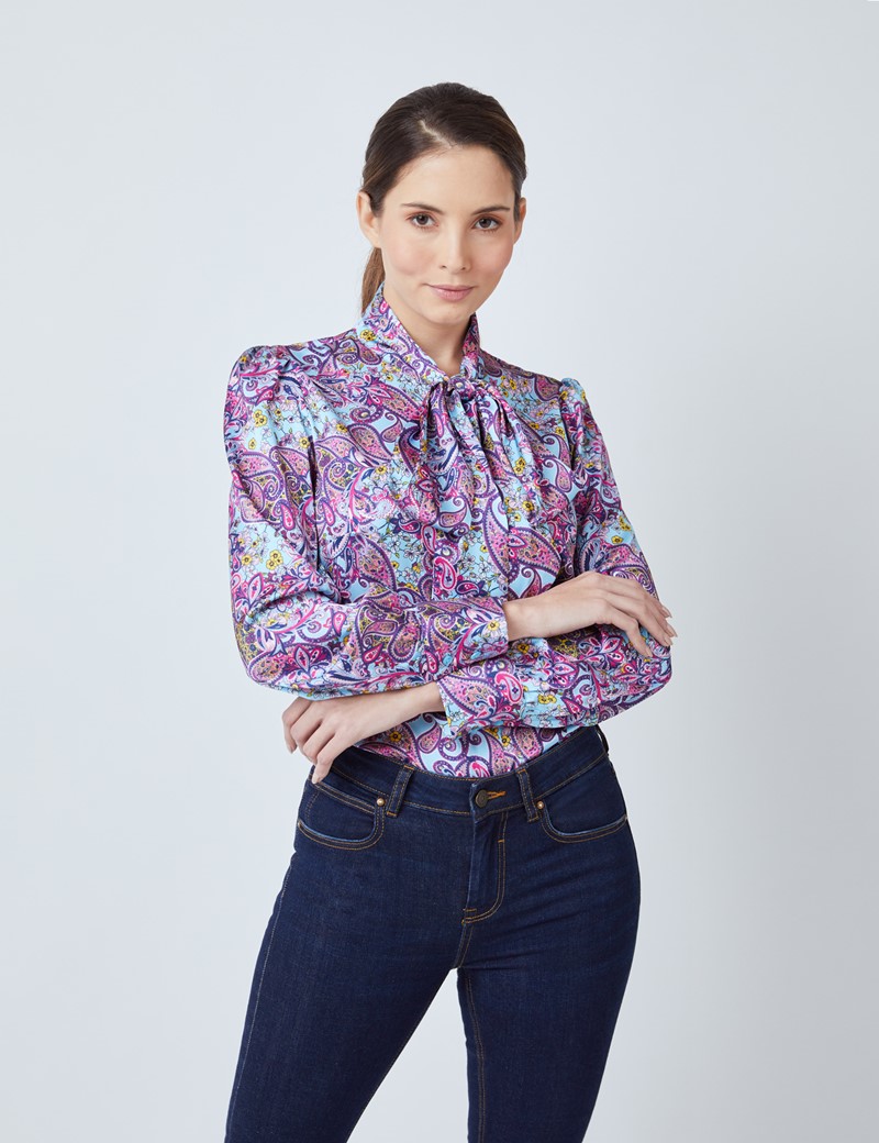 Women's Light Blue & Pink Small Floral Paisley Print Satin Blouse - Single Cuff - Pussy Bow