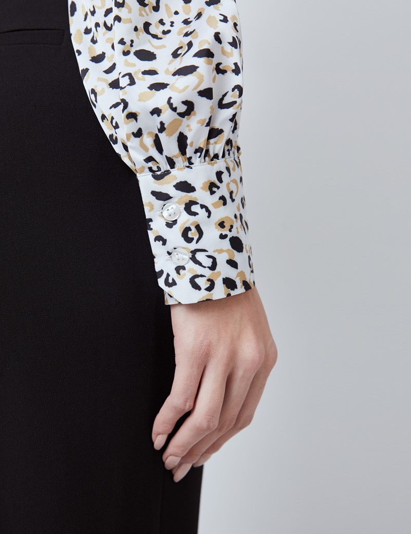 Women's White & Black Leopard Print Satin Blouse - Single Cuff - Pussy Bow