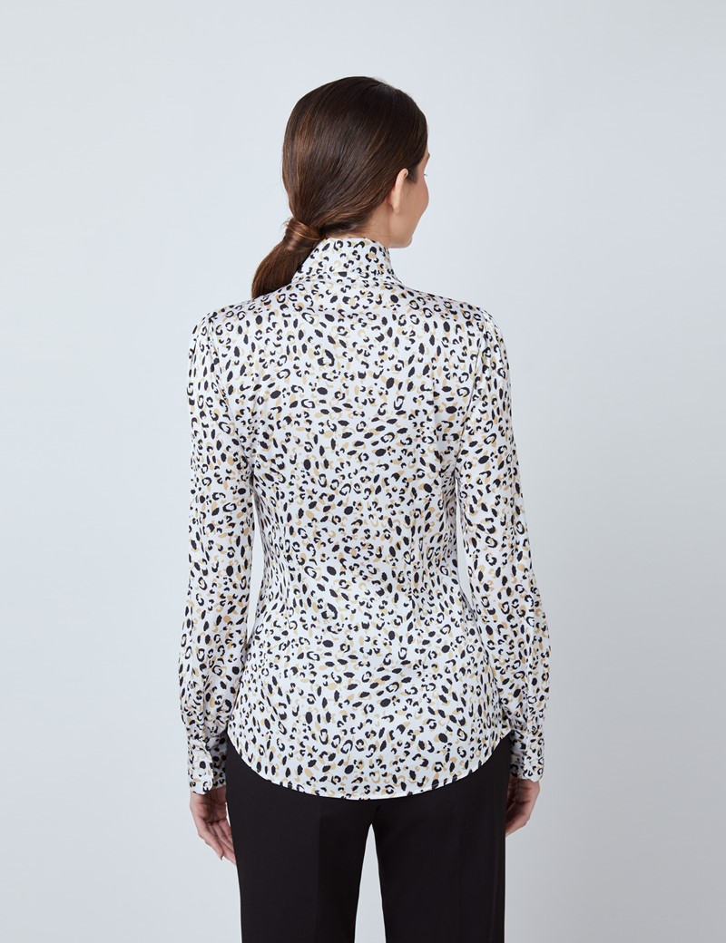 Women's White & Black Leopard Print Satin Blouse - Single Cuff - Pussy Bow