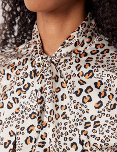 Women's Cream & Black Leopard Print Satin Blouse - Pussy Bow