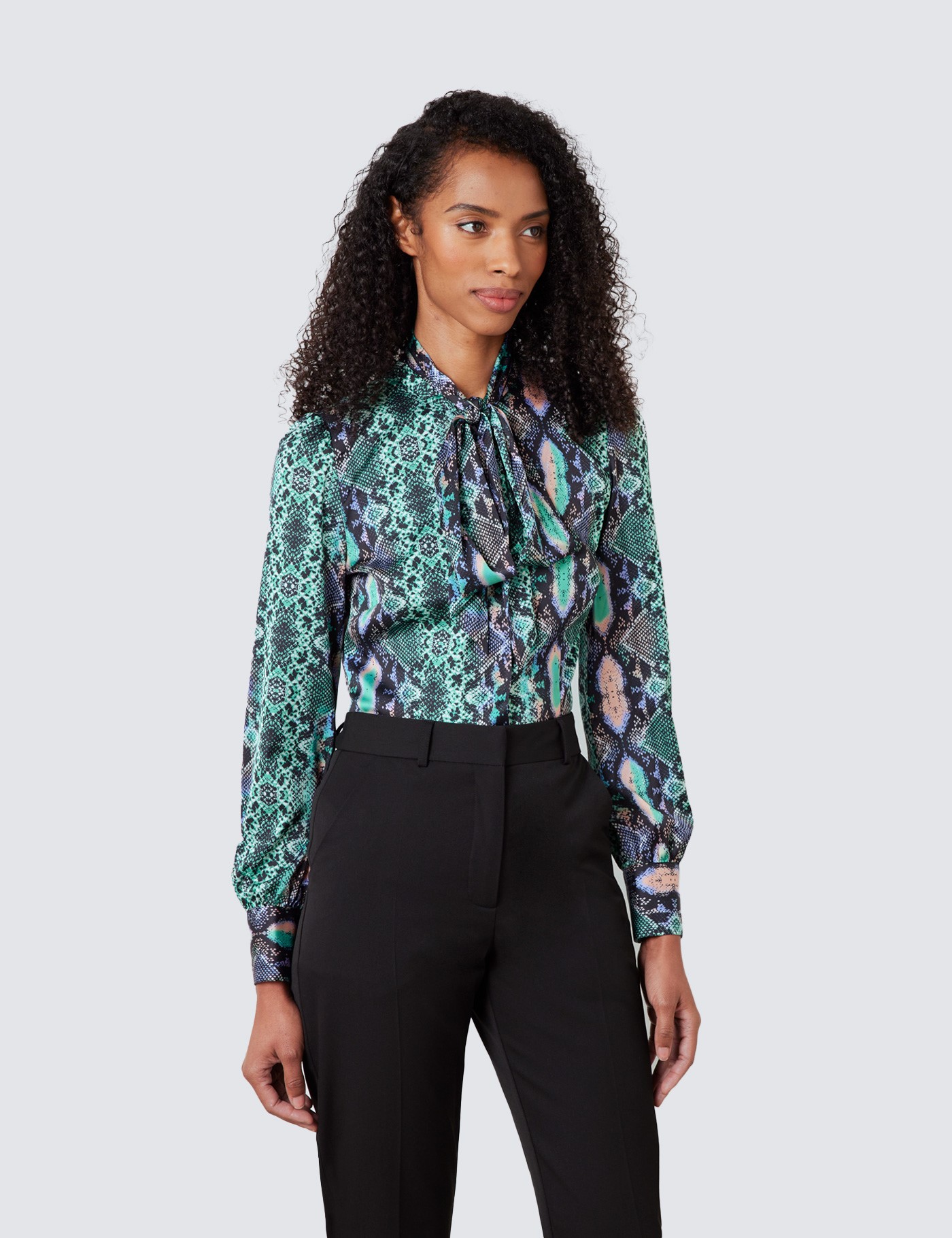 Hawes & Curtis Women's Green & Purple Snake Print Satin Blouse - Pussy Bow