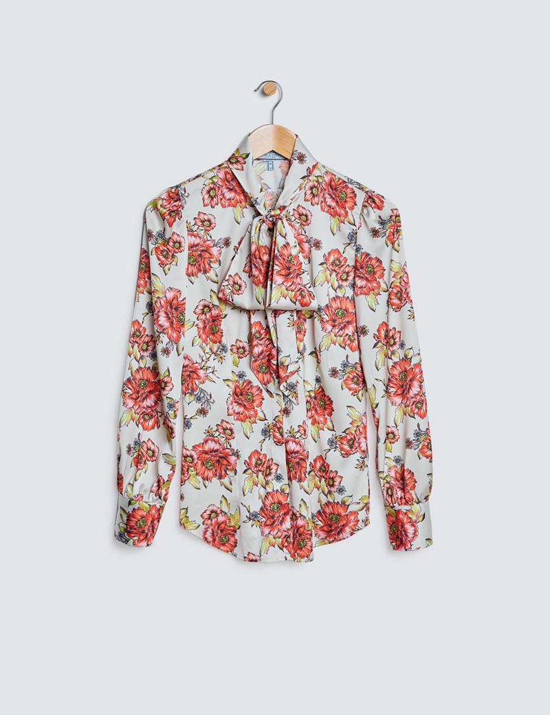 Women's Cream & Red Large Floral Print Satin Blouse - Pussy Bow