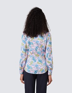 Women's Pink & Blue Rustic Paisley Print Satin Blouse - Pussy Bow