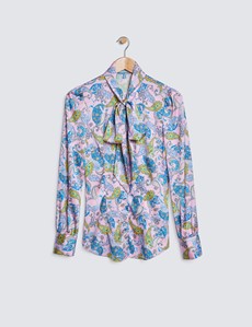 Women's Pink & Blue Rustic Paisley Print Satin Blouse - Pussy Bow