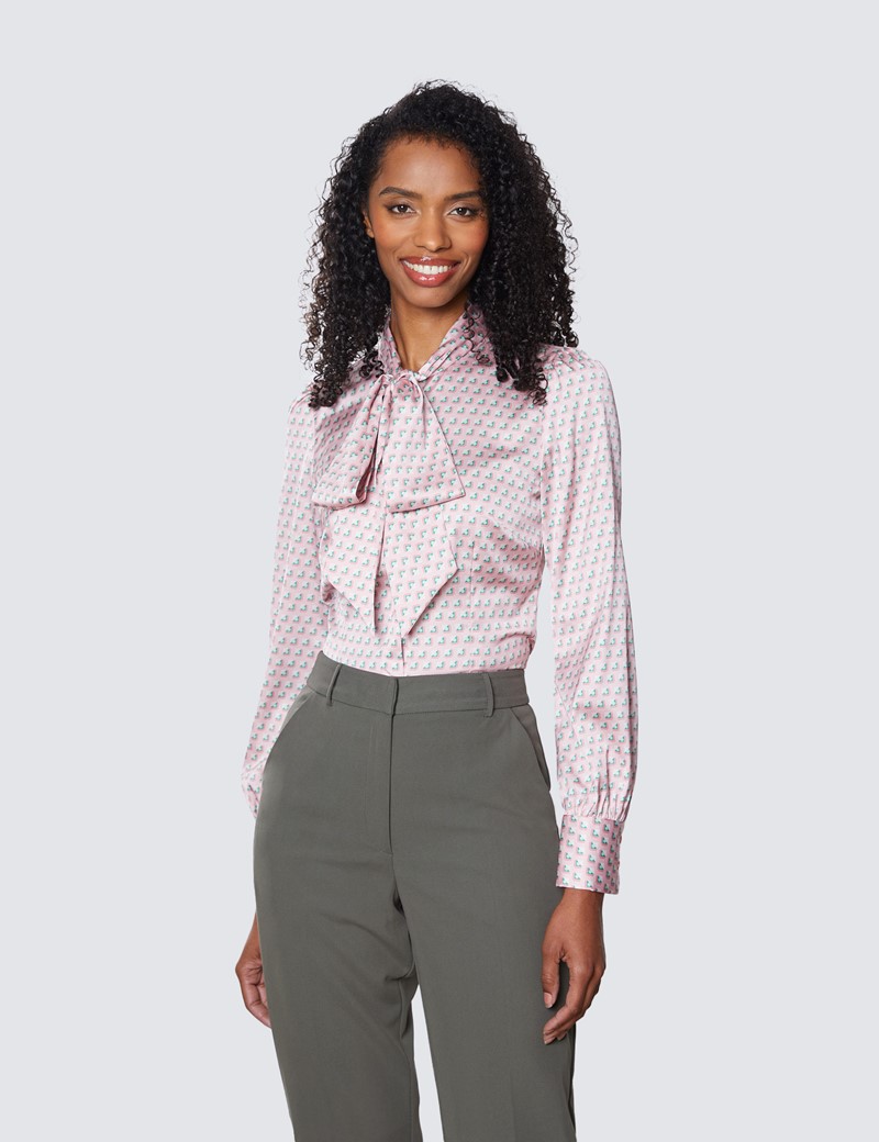 Women's Pink & Green Geometric Squares Print Satin Blouse - Pussy Bow