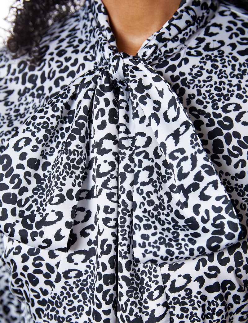 Women's Leopard Print Black & White Pussy Bow Blouse 