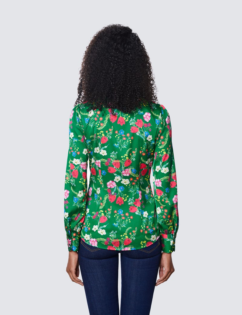 Women's Green & Red Large Floral Print Satin Blouse - Pussy Bow