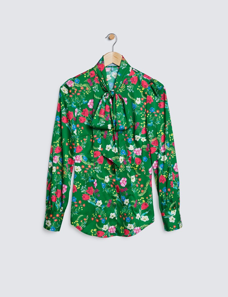 Women's Green & Red Large Floral Print Satin Blouse - Pussy Bow