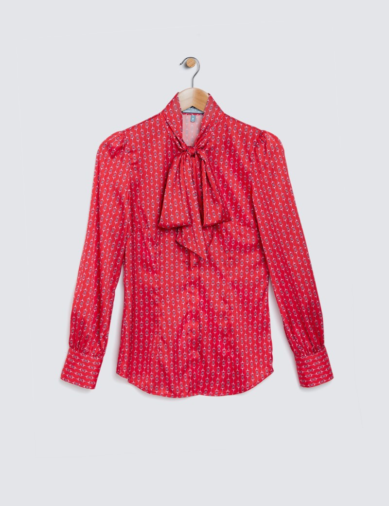 Women's Red & Pink Chain Print Satin Blouse - Pussy Bow